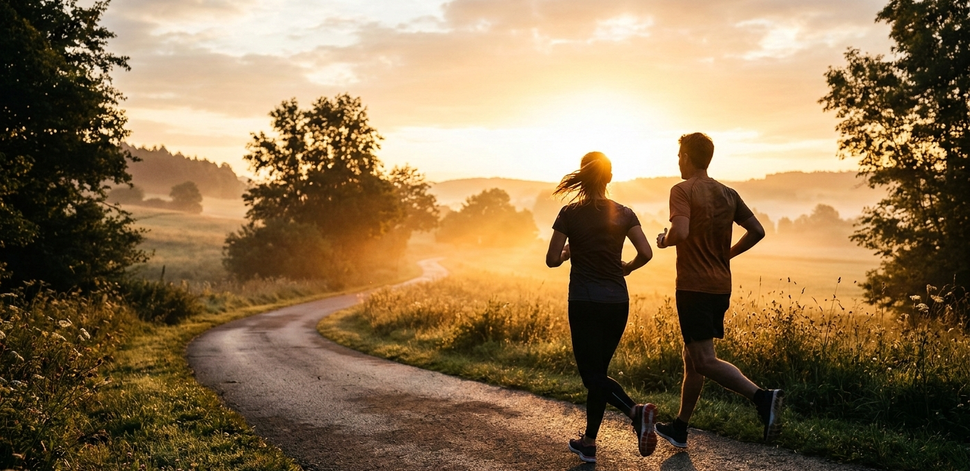 Couple running outdoors at sunrise
